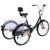 Black Adult Tricycle 6 Speed Three Wheel Cruise Bike Trike 24' with Large Size Basket 3-Wheeled Men Women Cruise Tri Bike for Recreation Shopping Exer